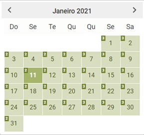 Calendário mostrando o número mínimo de diárias
