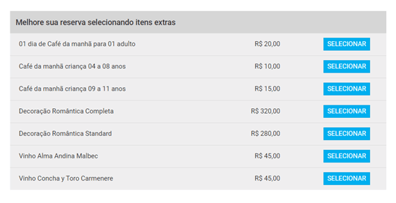 Itens extras disponíveis no sistema de reservas