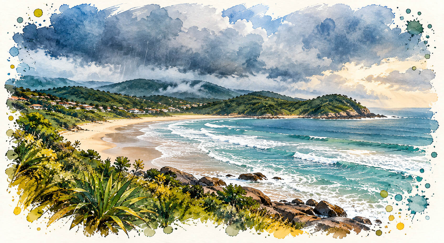Praia do Rosa em dia de chuva, com mar, morros verdes e céu nublado