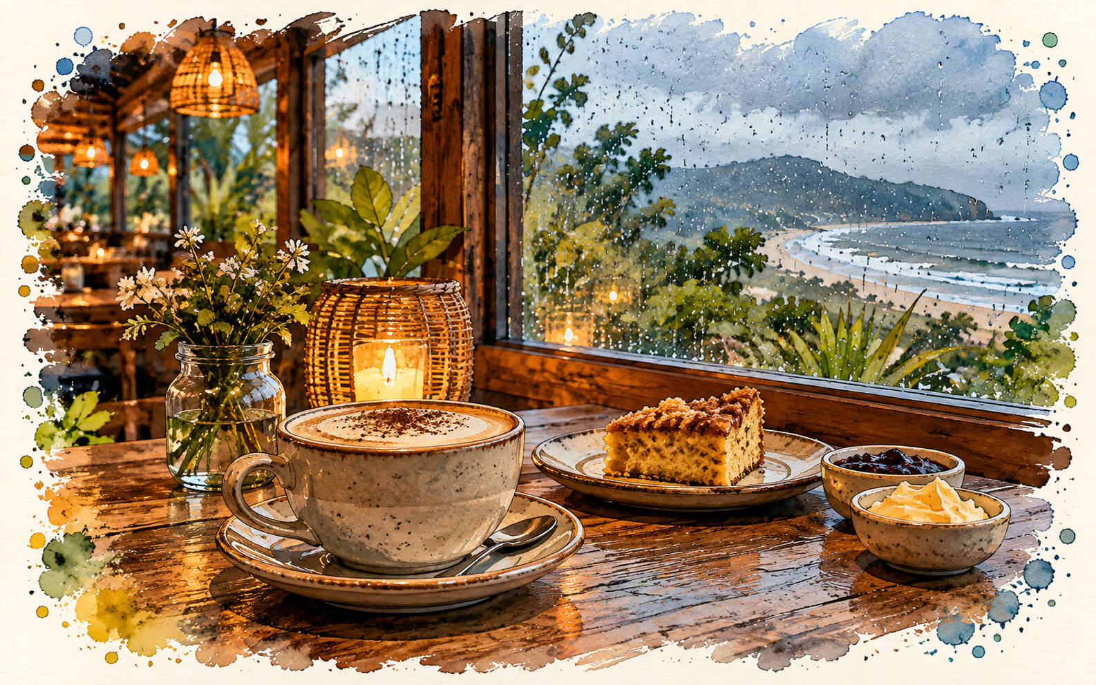 Café quente e ambiente aconchegante para um dia de chuva na Praia do Rosa