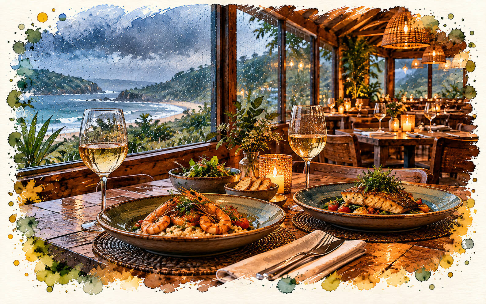 Ambiente de restaurante acolhedor para almoço ou jantar em dia de chuva na Praia do Rosa