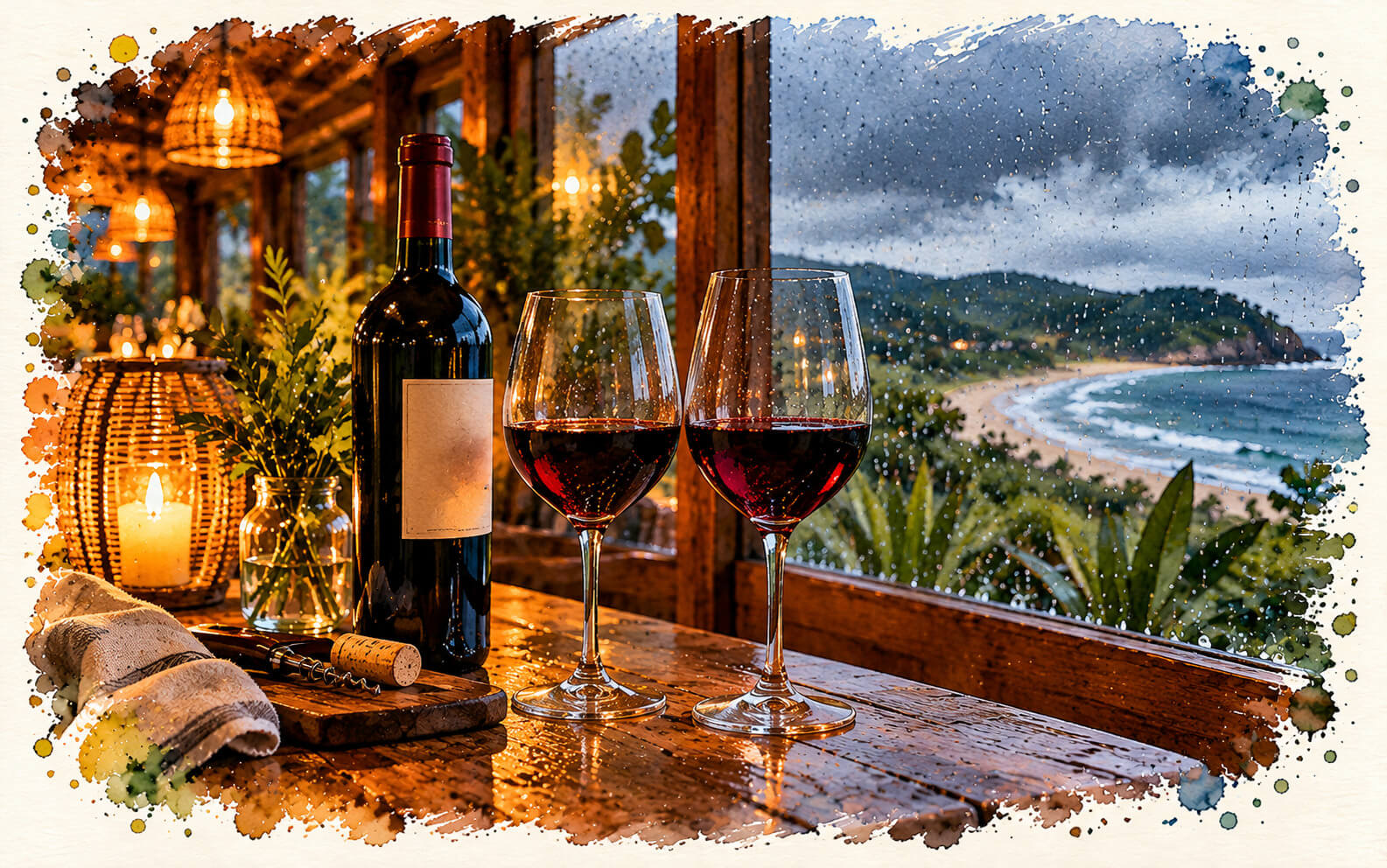 Garrafa de vinho tinto e duas taças em ambiente acolhedor durante um dia chuvoso