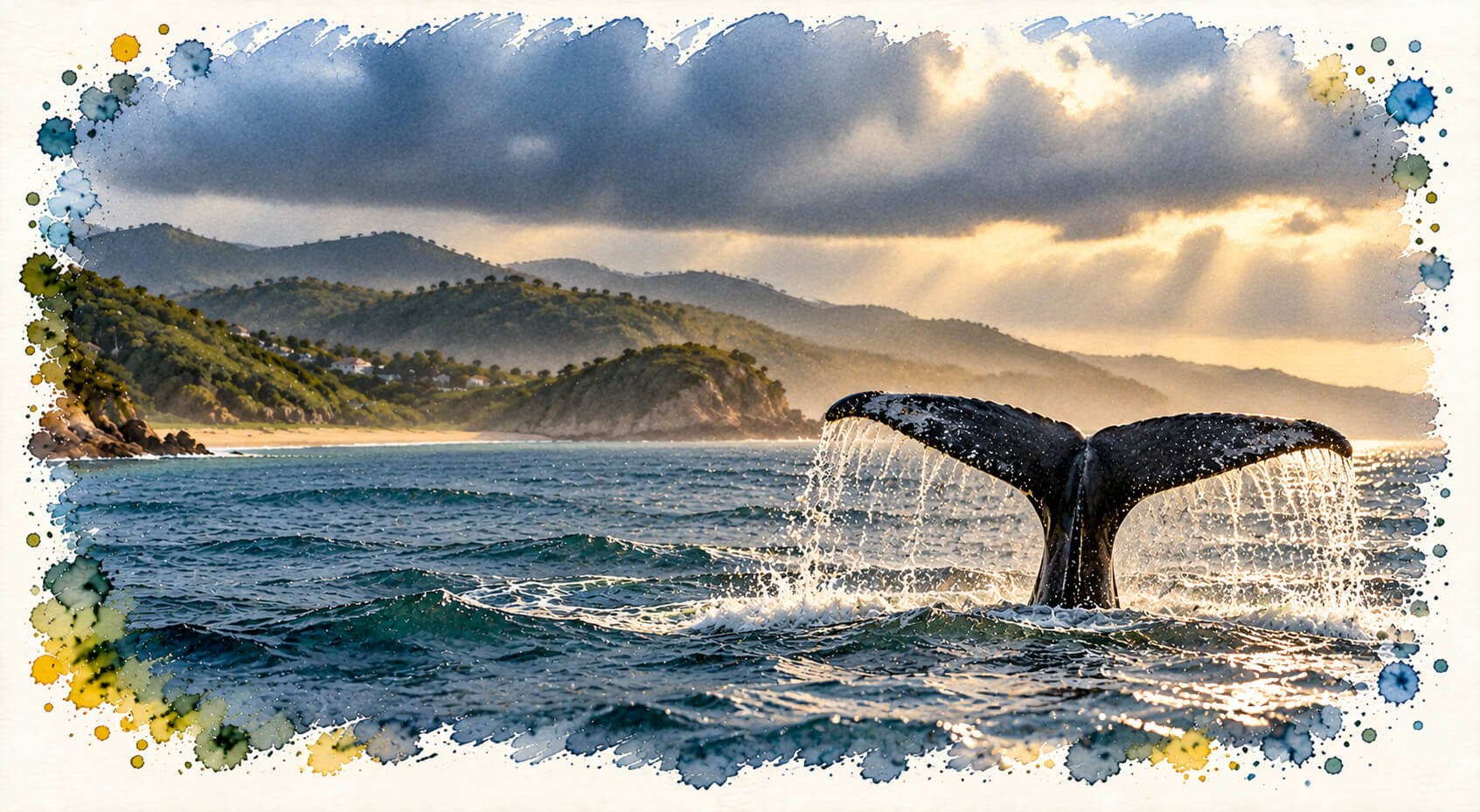 Cauda de baleia emergindo do mar em paisagem nublada inspirada no litoral da Praia do Rosa