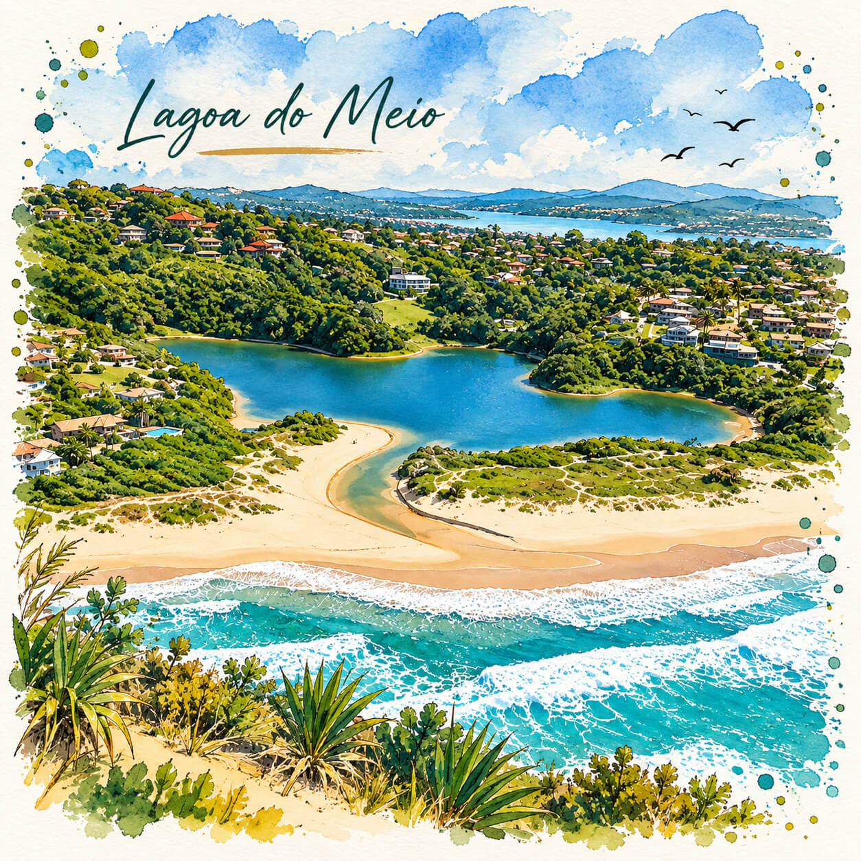 Ilustração artística da Lagoa do Meio, na Praia do Rosa, em Imbituba, com a lagoa, vegetação, faixa de areia e oceano.