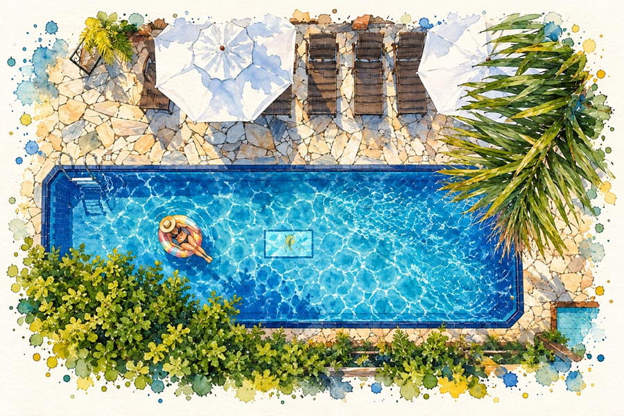 Vista do alto da piscina com uma hóspede relaxando numa boia pequena
