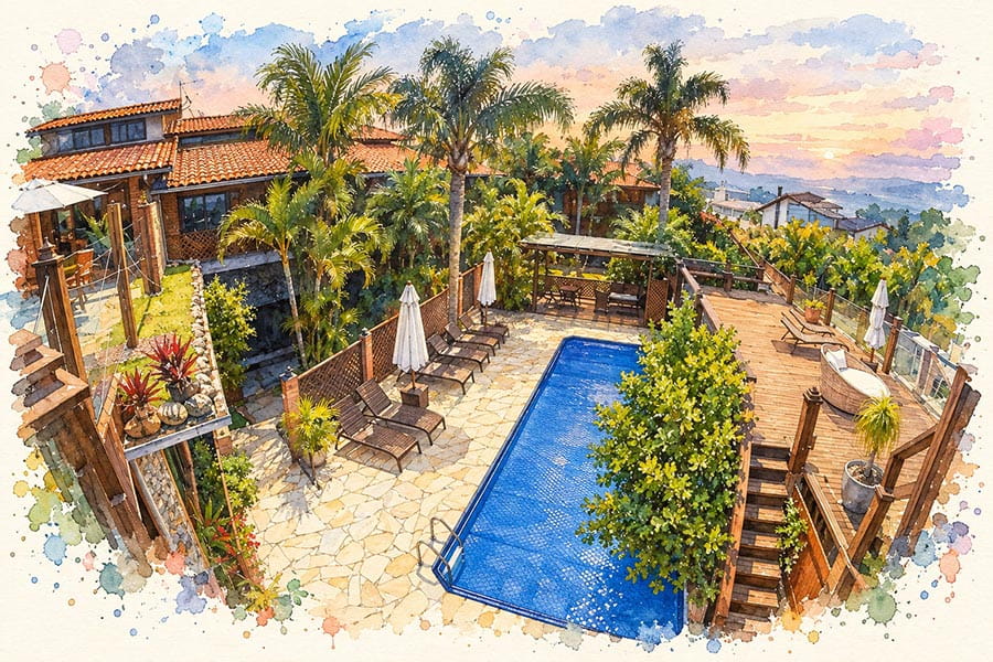 Vista do alto da pousada ao amanhecer, com a piscina coberta pela capa térmica azul