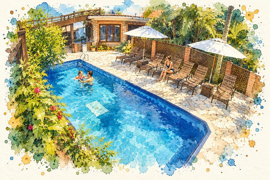 Adulto dentro da piscina com uma criança de boias de braço, sob o olhar da mãe