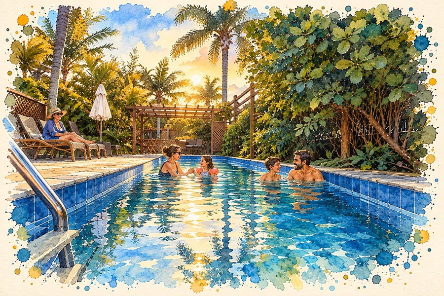 Família aproveitando a piscina aquecida no fim de tarde, com a avó observando da espreguiçadeira