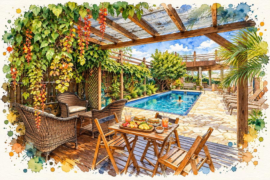 Lanche com frutas e sanduíches na mesa do pergolado, com a piscina ao fundo