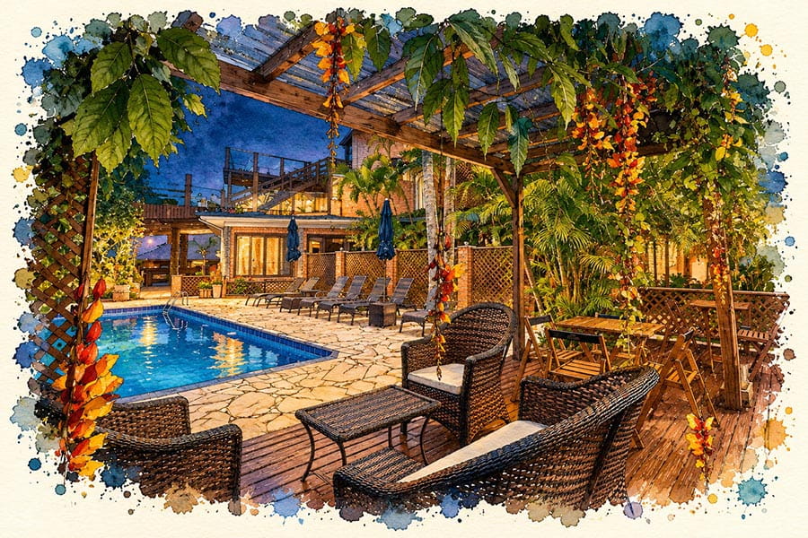 Piscina aquecida da Pousada Descanso do Rei iluminada no início da noite, vista do pergolado
