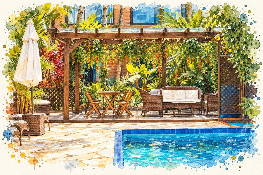 Ilustração em aquarela da piscina aquecida da Pousada Descanso do Rei, com pergolado, deck e jardim tropical, na Praia do Rosa