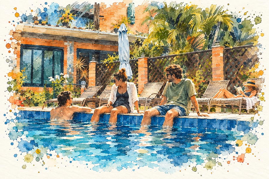 Hóspedes conversando tranquilos na borda da piscina e uma pessoa lendo na espreguiçadeira