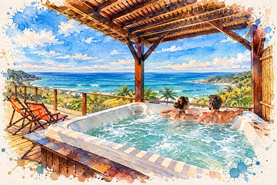 Casal relaxando na hidromassagem do SPA da Pousada Descanso do Rei, com vista panorâmica para o mar da Praia do Rosa