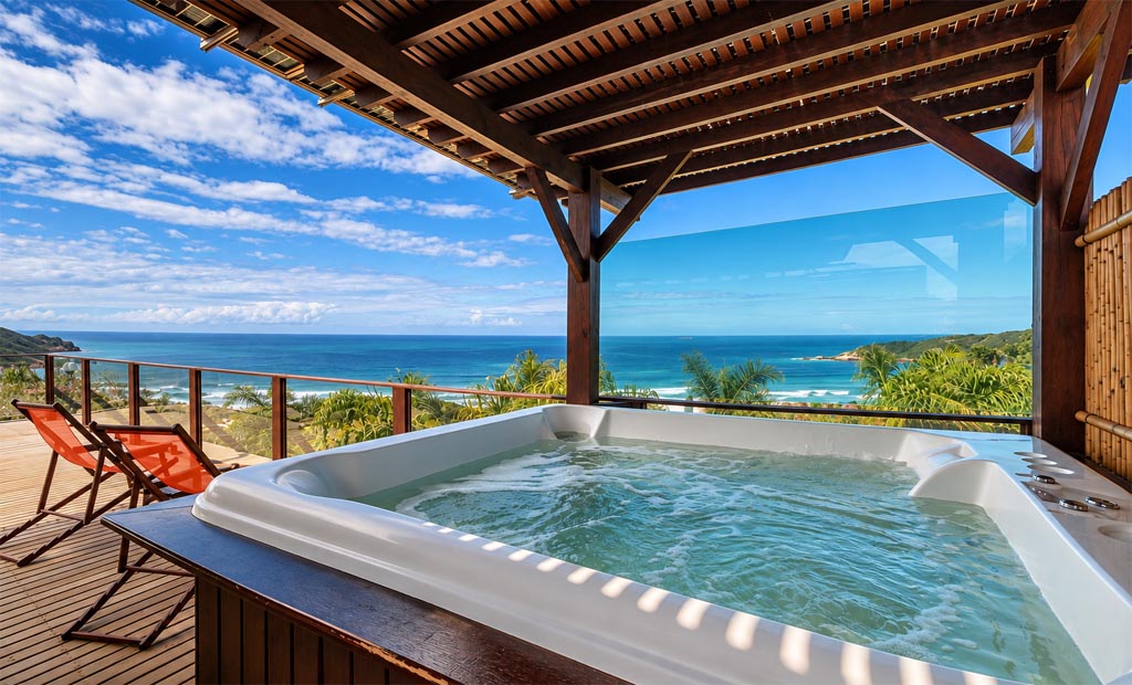 Jacuzzi com vista panorâmica para o mar na Pousada Descanso do Rei, Praia do Rosa, Imbituba, Santa Catarina