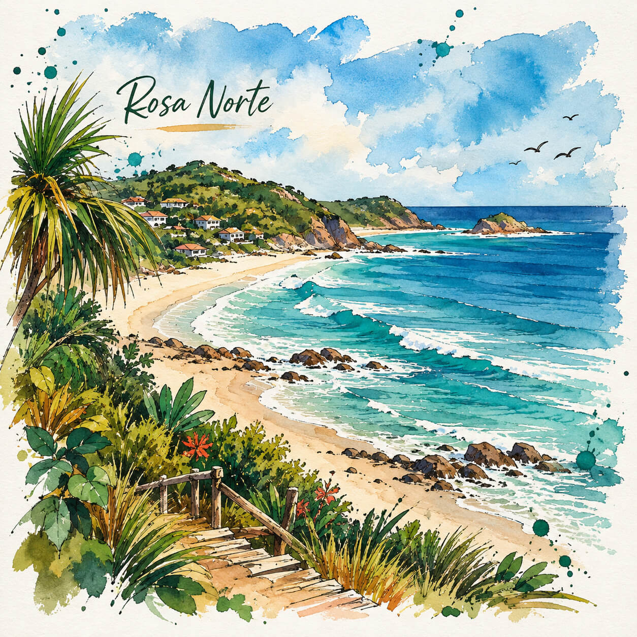 Ilustração artística do Rosa Norte, na Praia do Rosa, em Imbituba, Santa Catarina, com mar, faixa de areia e vegetação costeira.