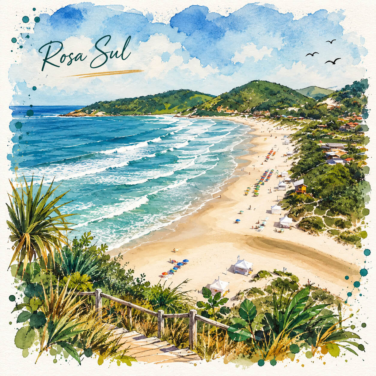 Ilustração artística do Rosa Sul, na Praia do Rosa, com a baía, ondas, areia e vegetação do litoral de Santa Catarina.